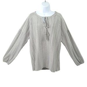 Cotton Bleu Gray Striped Peasant Top Womens Size L Tassel Tie Long Sleeve